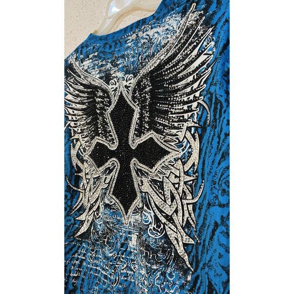 Rock & Roll Cowgirl BlackCross Blue Shirt Beads Graphic Wester 1X - Picture 8 of 12